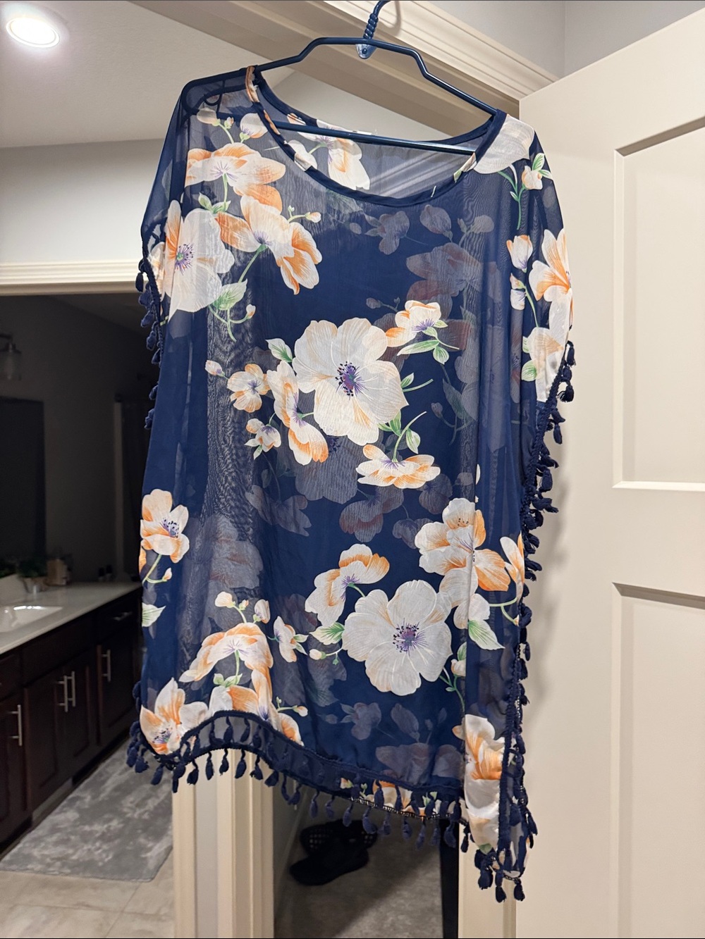 Floral Navy Sheer Poncho Top with Tassel Trim